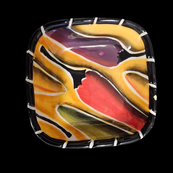 Clay Art Handpainted Square Plates Set of 4 Multicolor Abstract Pattern - Picture 6 of 7